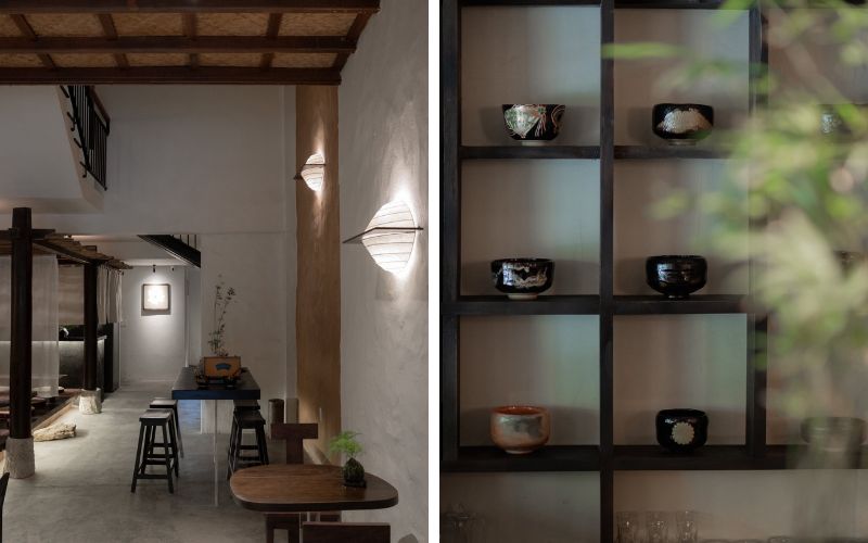 Quán ưu tiên sử dụng vật liệu thô mộc và tự nhiên như gỗ thô, đá tự nhiên, sỏi và tre mây