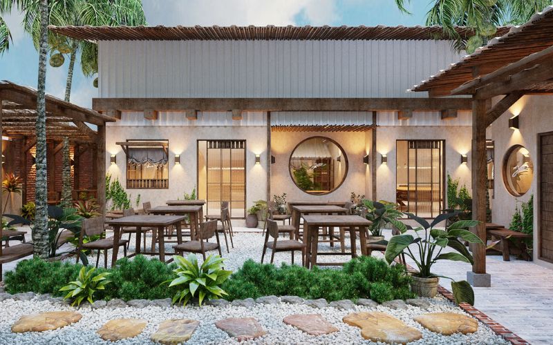 Cây xanh, sỏi và khoảng trống trong sân vườn kiểu Nhật