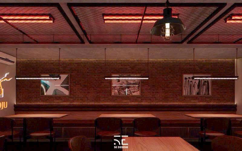 Thiết kế nhà hàng có sử dụng ánh sáng neon đỏ