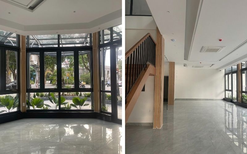 Công trình là nhà góc 2 mặt tiền với hệ kính lớn bao quanh tầng trệt