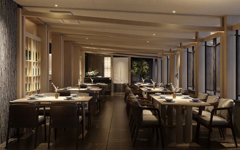 Khu bàn ăn chung, booth sofa và phòng VIP tatami