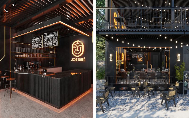 Tầng 1: Khu indoor, quầy bar trung tâm