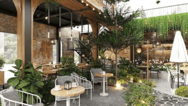 trang trí cây xanh trong quán cafe