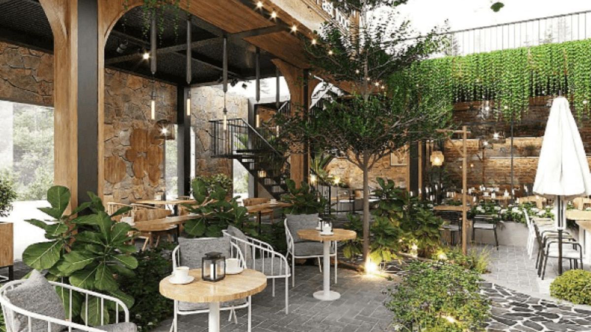 trang trí cây xanh trong quán cafe