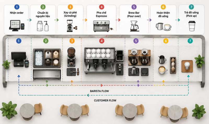 Sơ đồ Workflow quầy pha chế Specialty Coffee chuẩn SCA