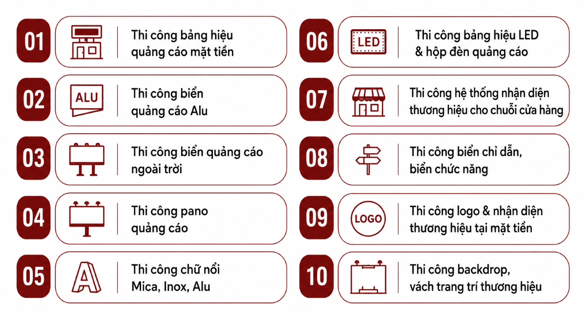 Các hạng mục thi công quảng cáo 5E Design cung cấp