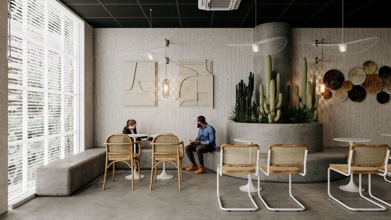 Thiết kế quán cafe phong cách Industrial kết hợp Tropical